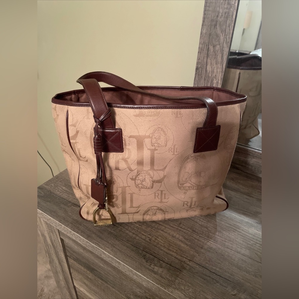 Ralph Lauren Khaki  Tote Signature Monogram Bag Handbag Purse